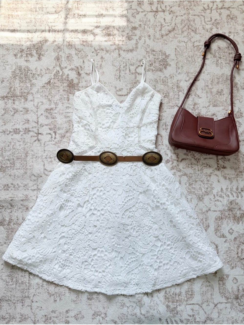 PLT White Floral Lace Spaghetti Strap Dress